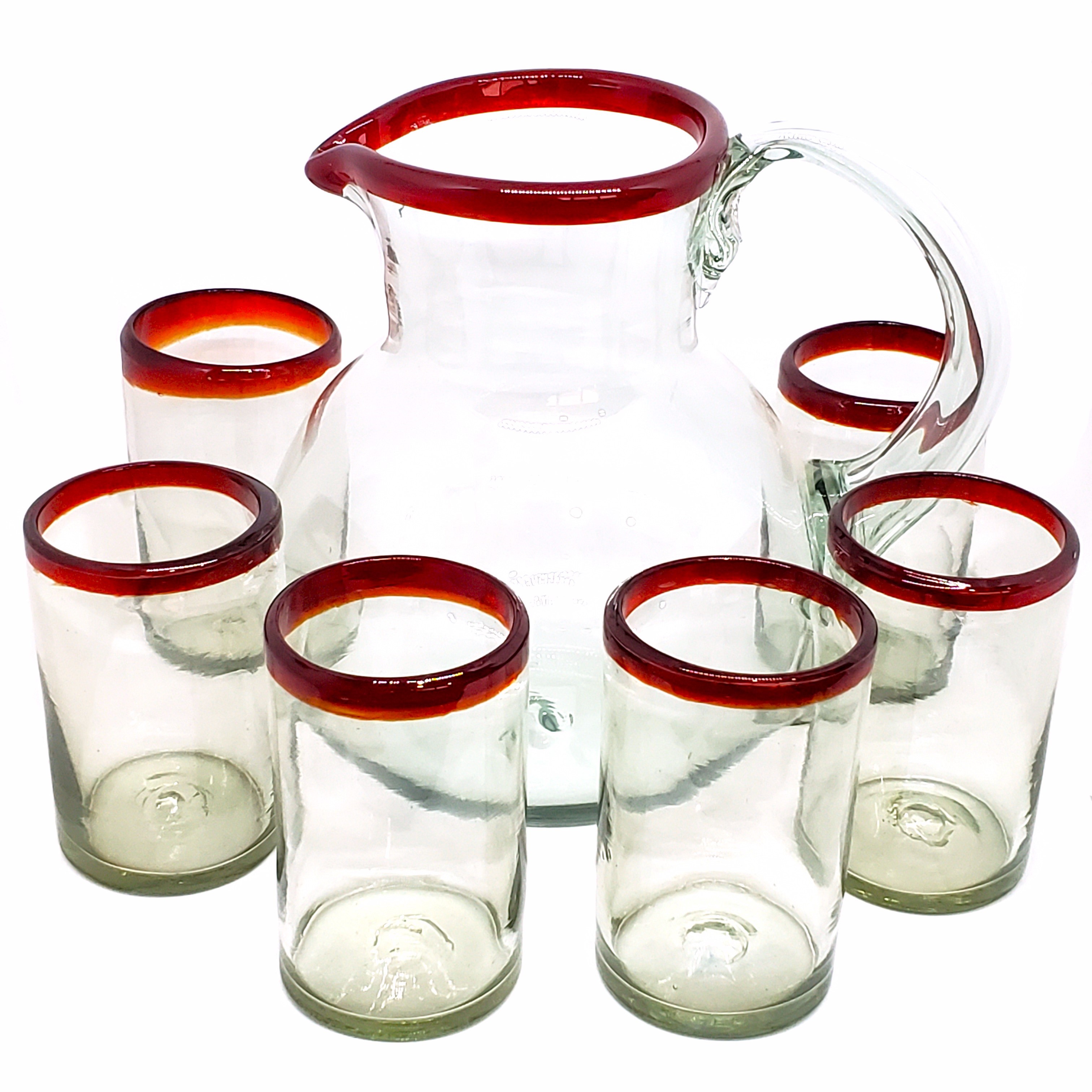 Juego de jarra y 6 vasos grandes con borde rojo rub